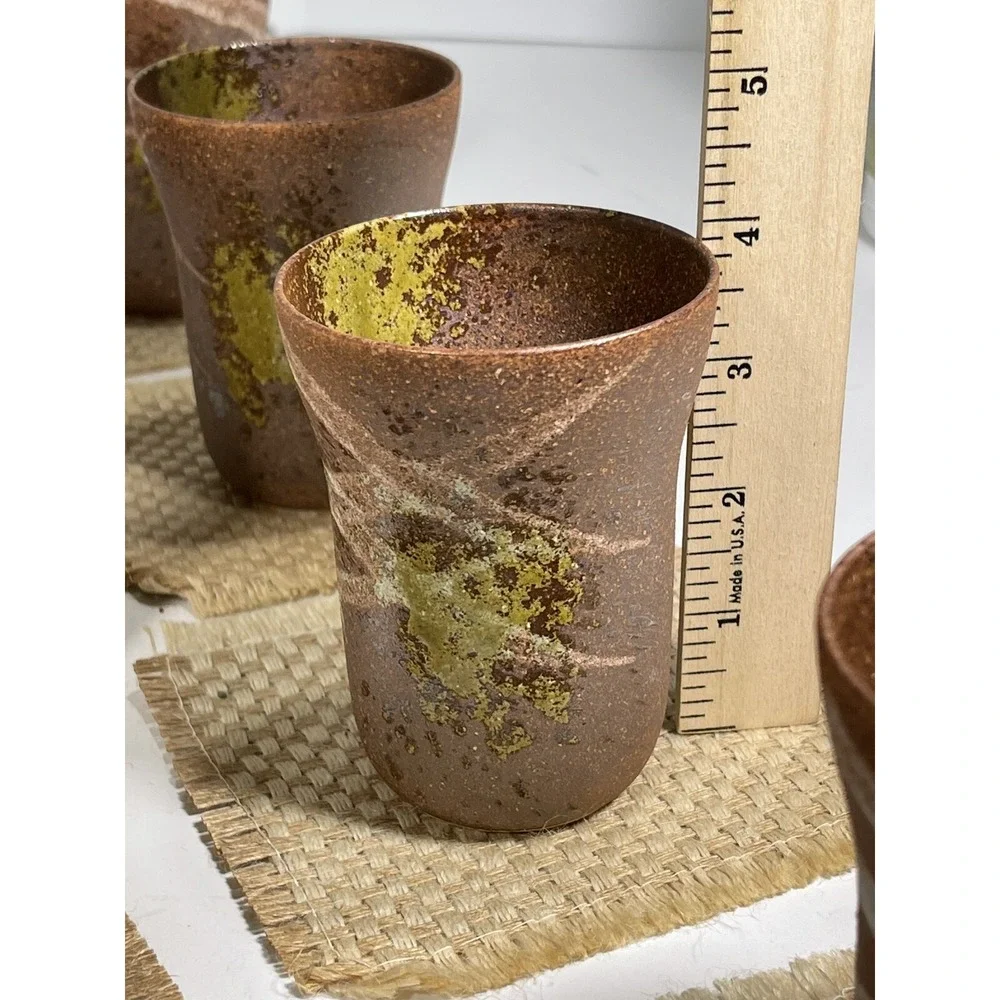 Asian Tea Sewing Basket + 5 Handmade Stoneware Teacups + Coasters vintage unique